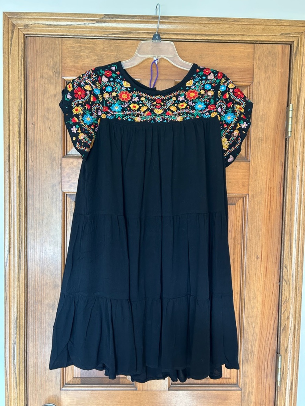 Lucky & Blessed Black Tiered Dress with Bright Floral Embroidery